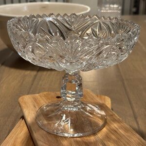 Vintage Crystal Glass Compote Dish: Sawtooth Rim Pedestal Bowl